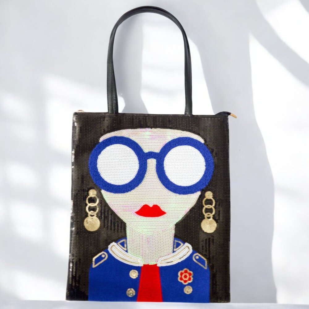 Sequin Pop Art Girl Tote Bag Statement Graphic Novelty Fashion Bag NWT
